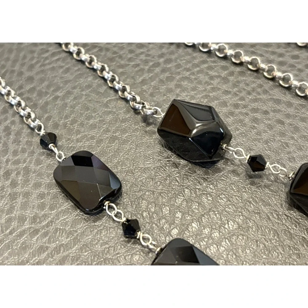 Vintage Black Onyx Glass Beads Sterling Silver Chain 